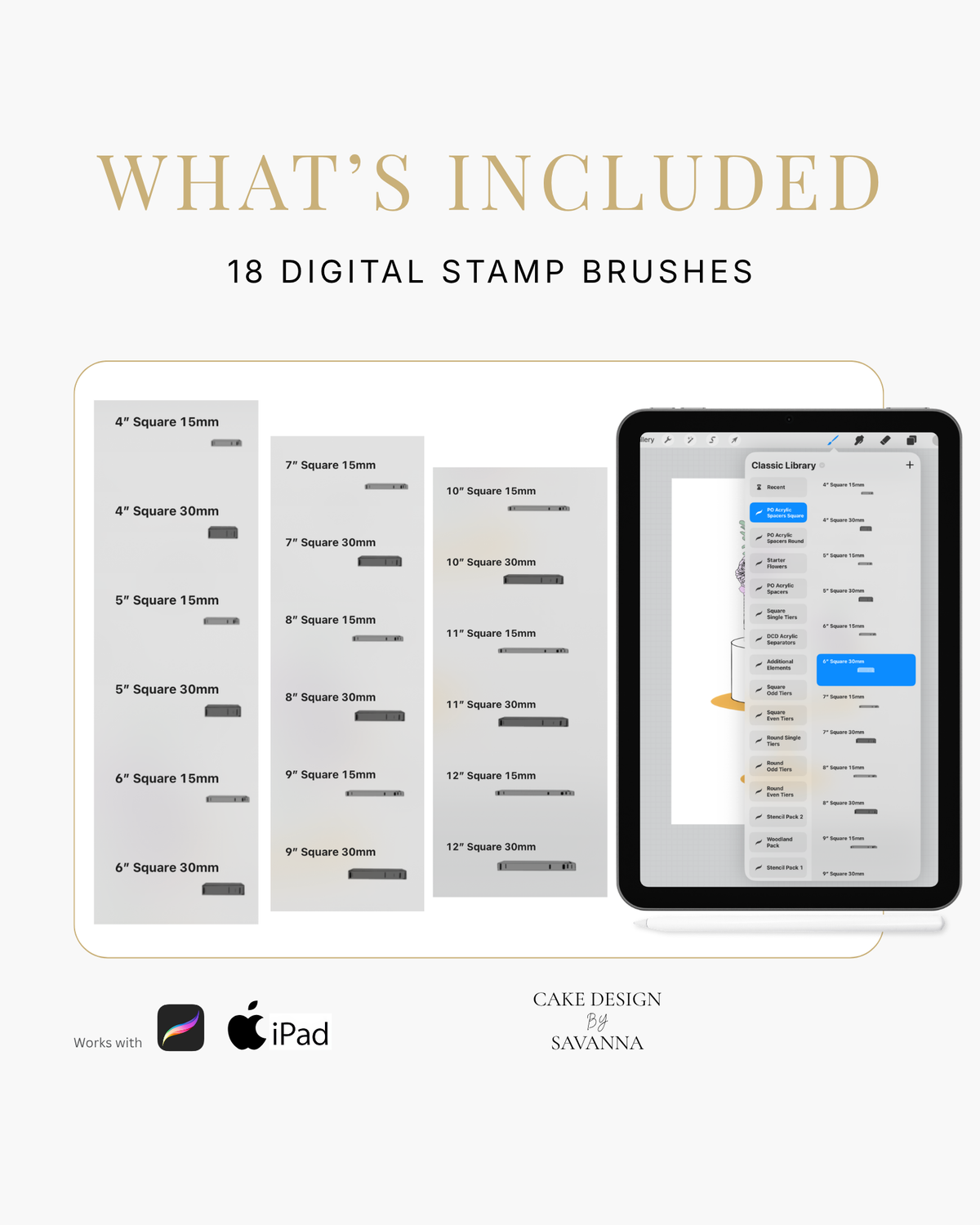 Square acrylic cake spacer Procreate stamp for digital cake sketching, preview 2 – Cake Design by Savanna