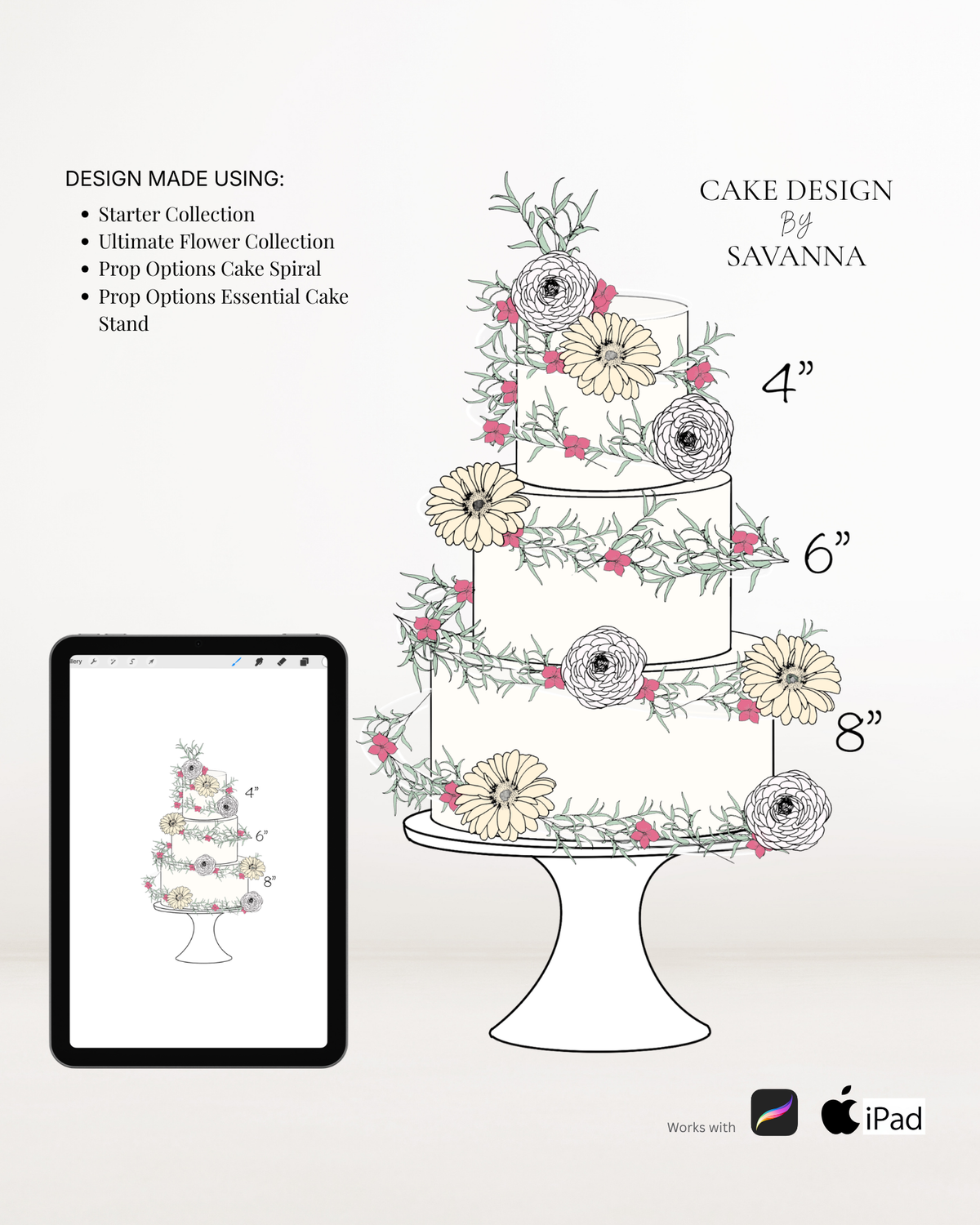 Cake spiral Procreate stamp for digital cake sketching, preview 4 – Cake Design by Savanna