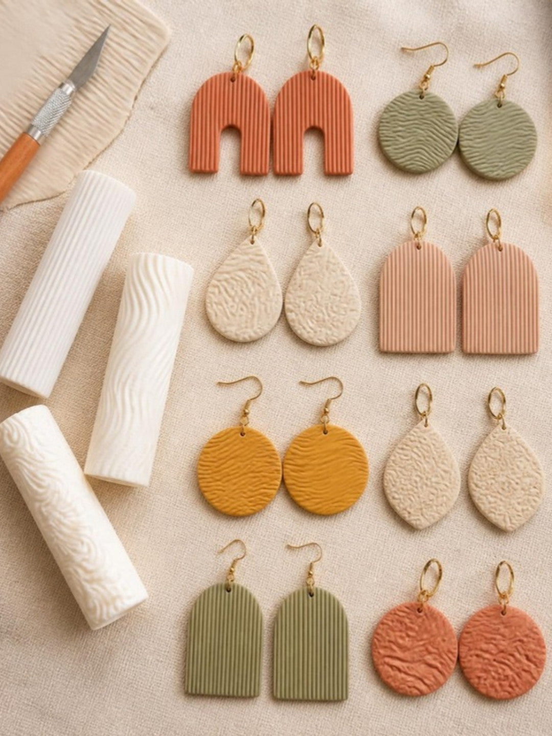 Polymer clay earrings textured with Prop Options mini clay texture rollers