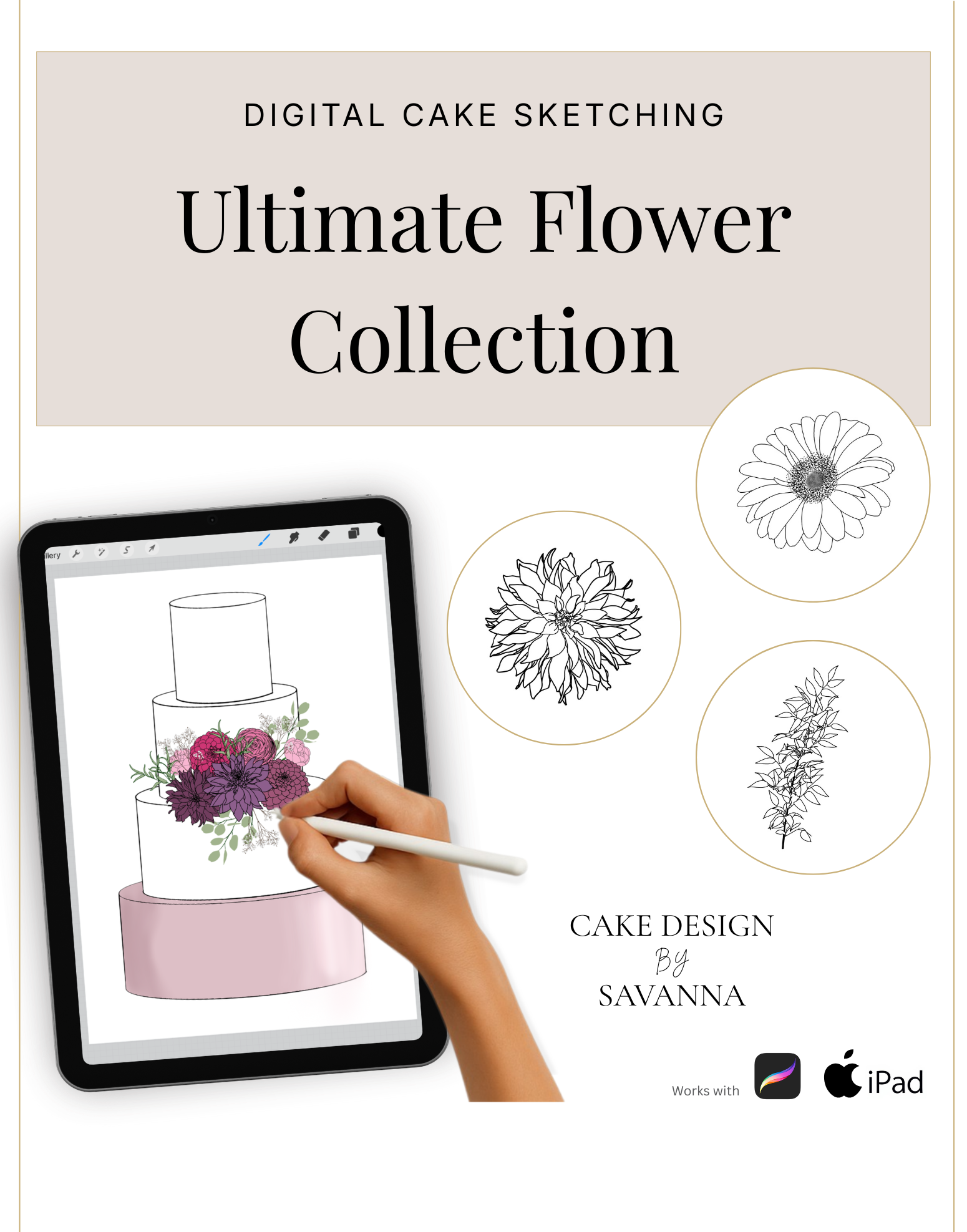 Digital Cake Sketching - Flower Cake - Procreate Stamps - Prop Options