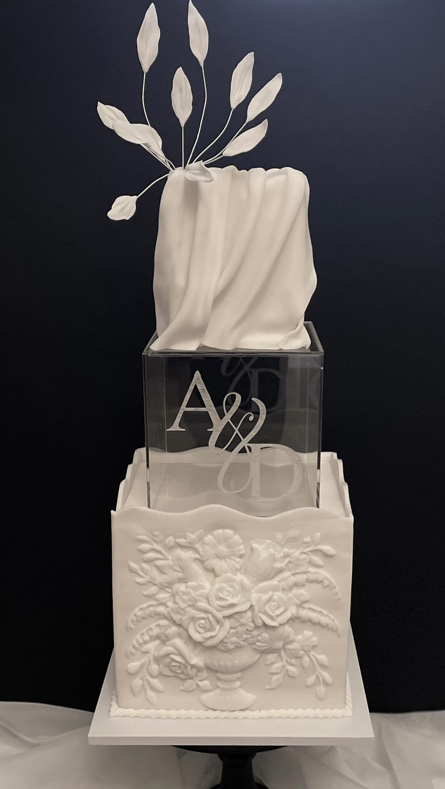 Personalised square clear acrylic fillable cake tier with engraved initials
