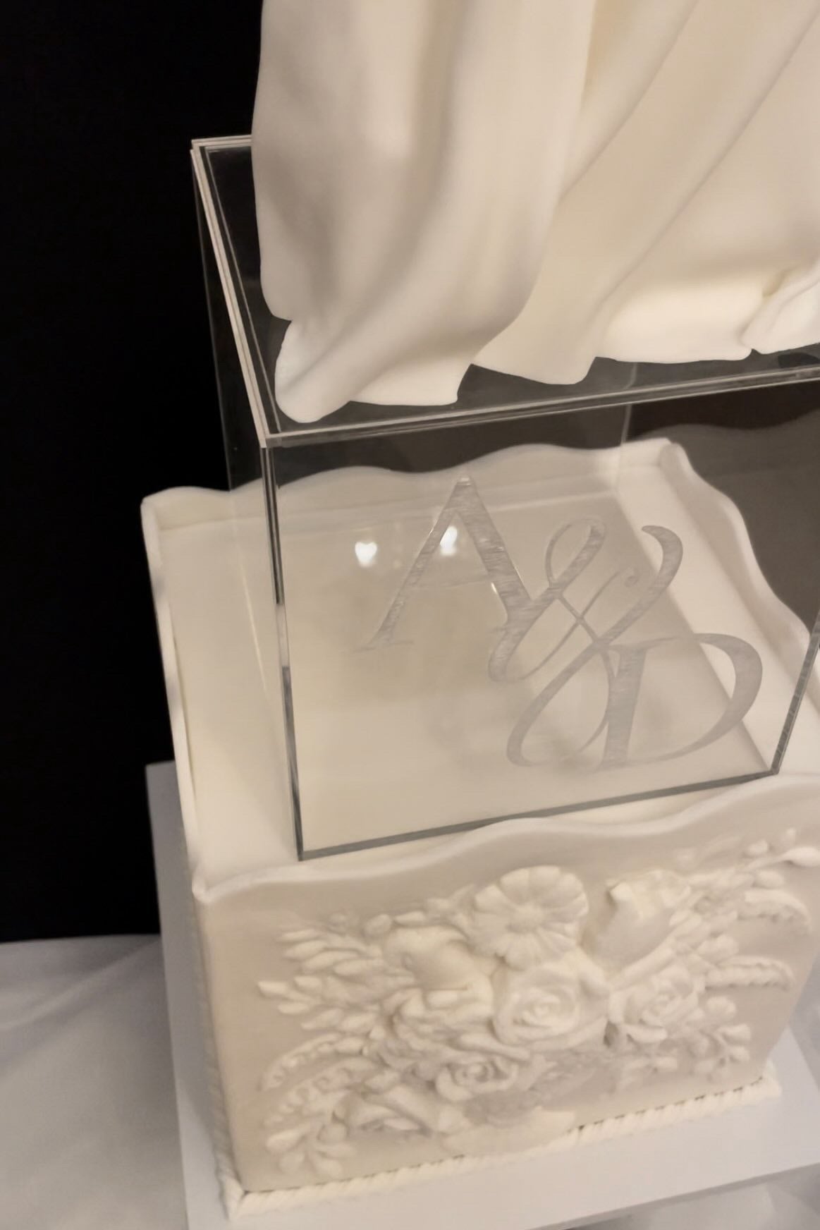Personalised square acrylic clear tier styled as a wedding cake centrepiece