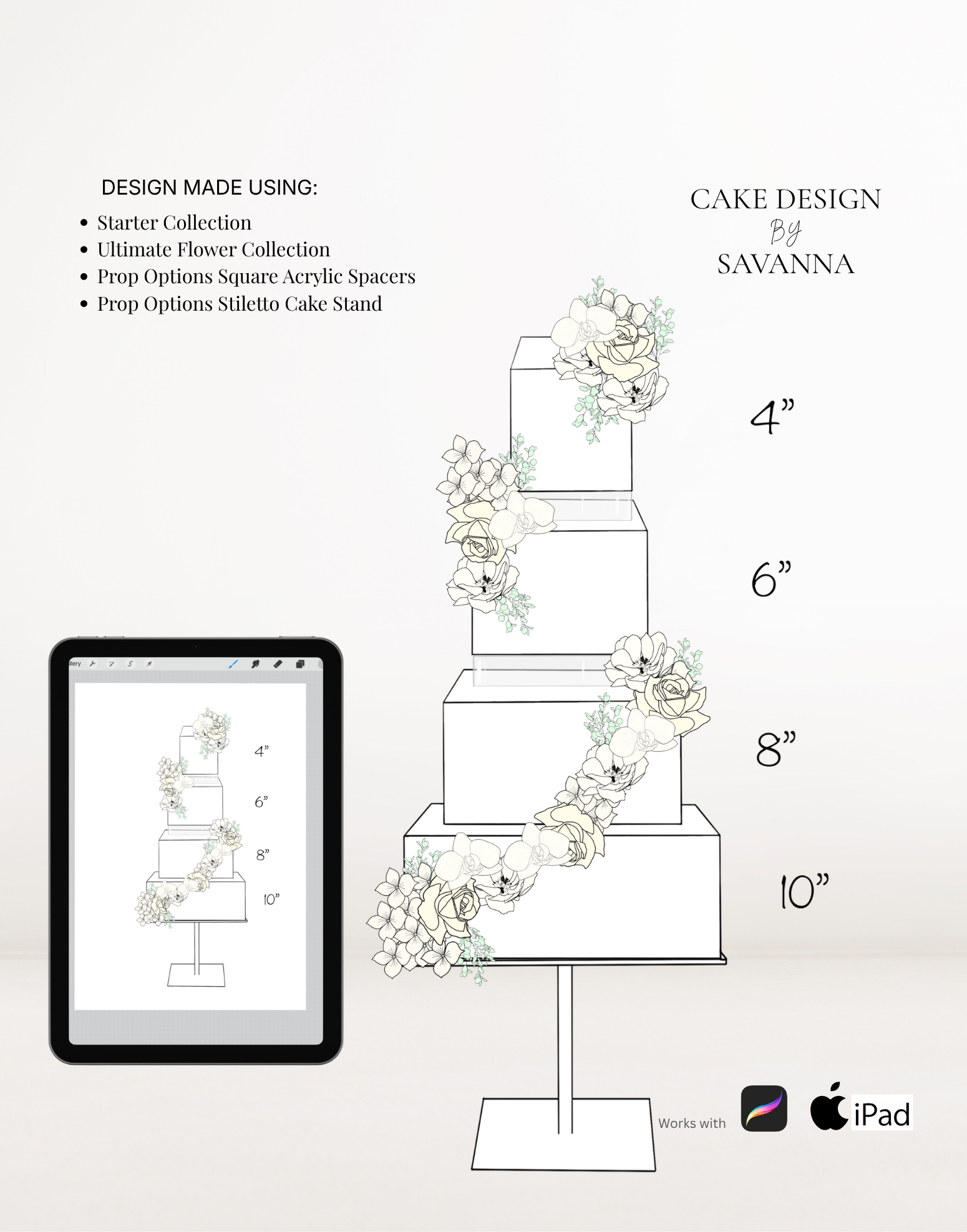 Square acrylic cake spacer Procreate stamp for digital cake sketching, preview 4 – Cake Design by Savanna