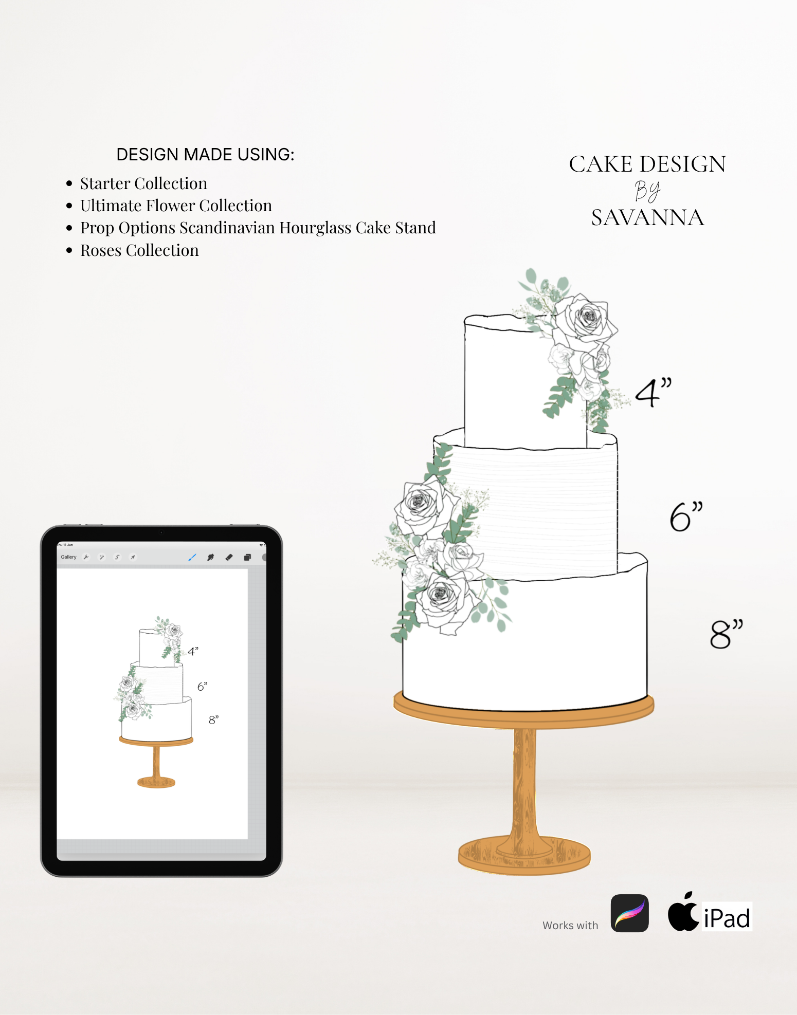 Scandinavian birch hourglass cake stand Procreate stamp for digital cake sketching, preview 4 – Cake Design by Savanna