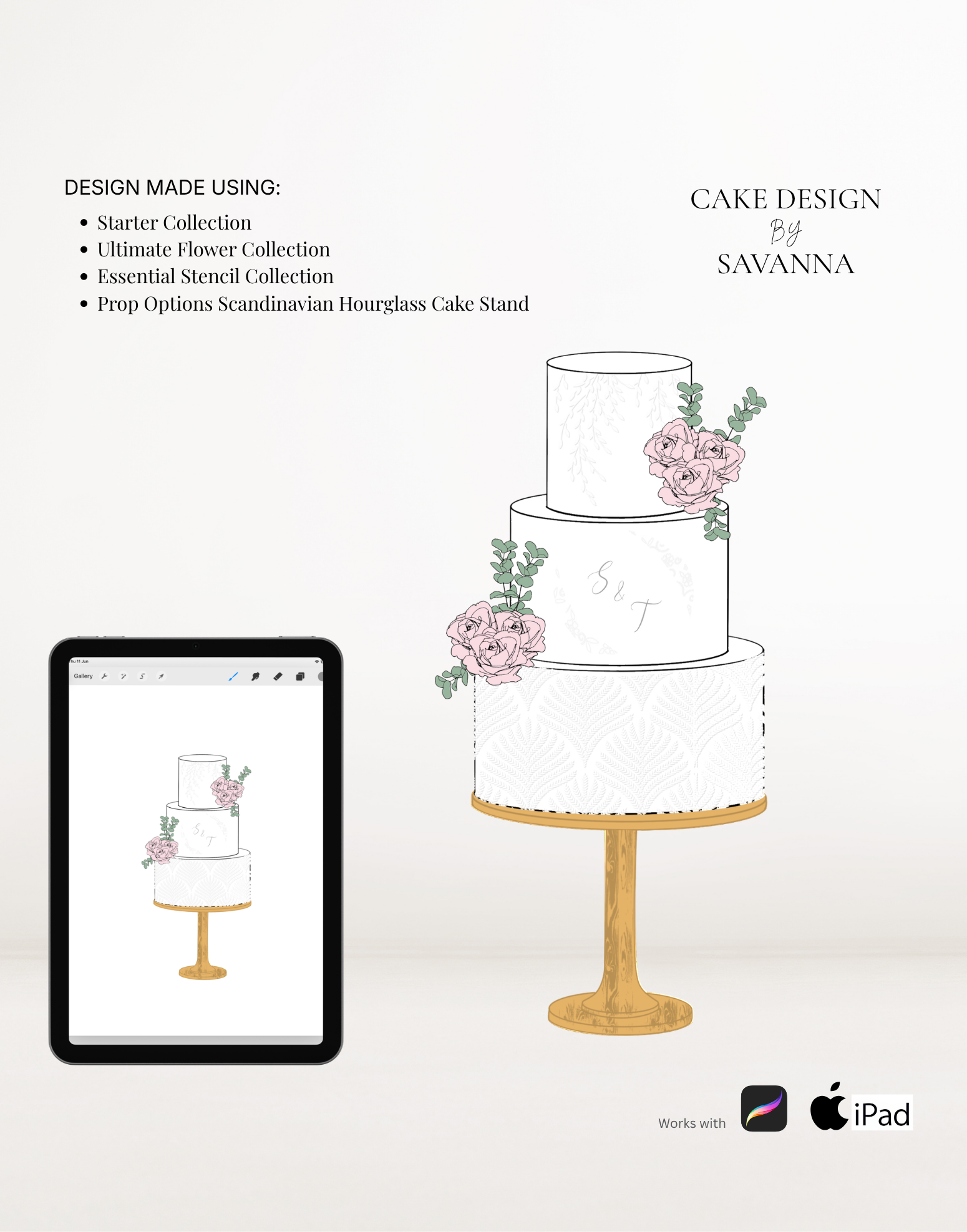 Scandinavian birch hourglass cake stand Procreate stamp for digital cake sketching, preview 5 – Cake Design by Savanna