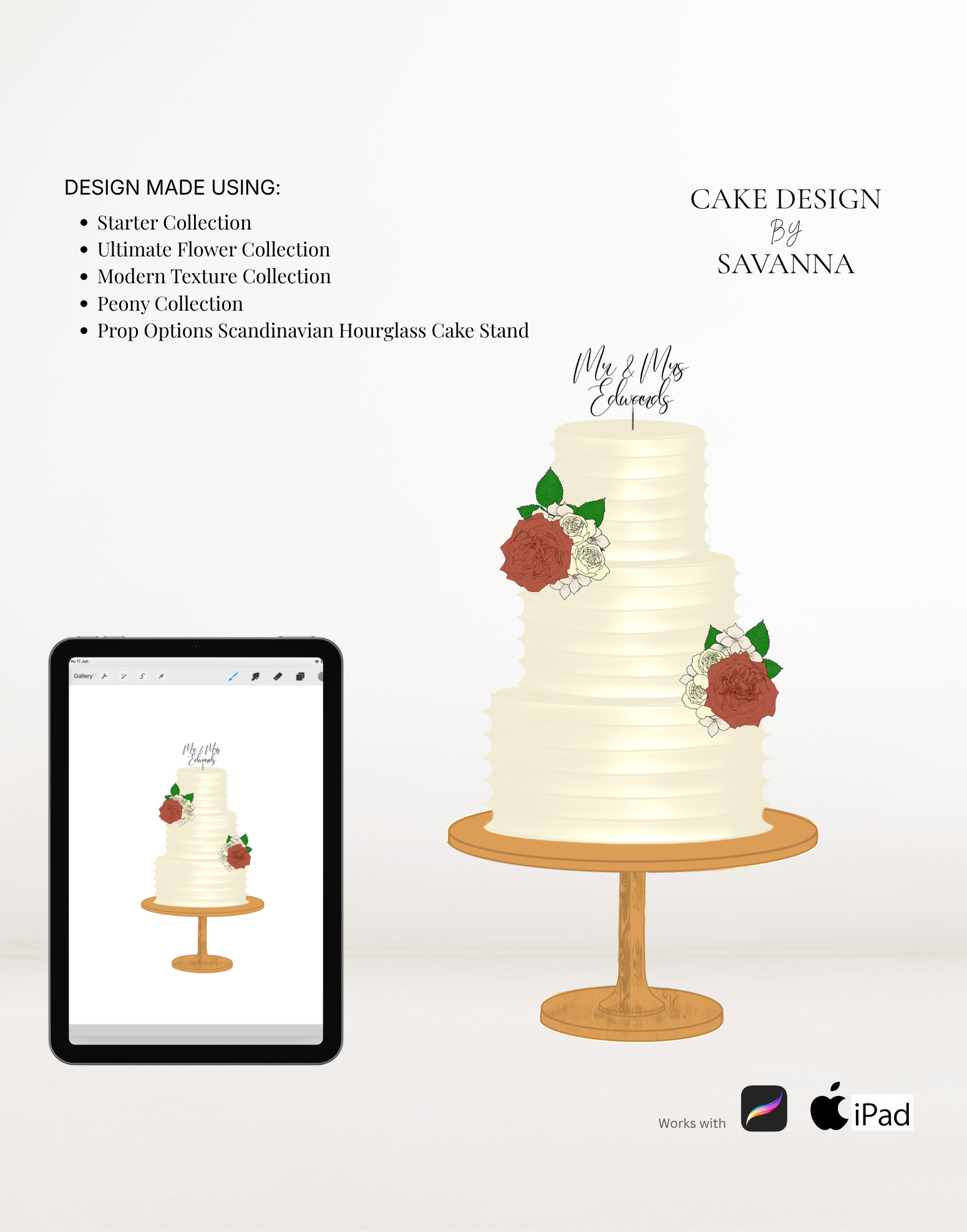 Scandinavian birch hourglass cake stand Procreate stamp for digital cake sketching, preview 6 – Cake Design by Savanna