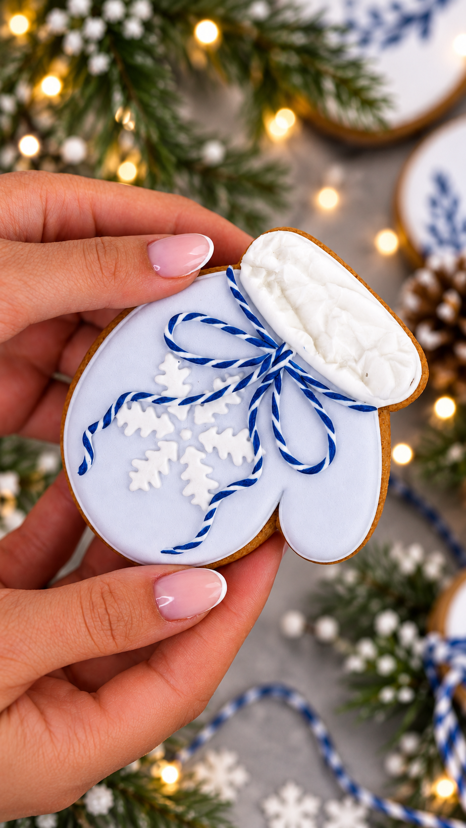 Blue mitten cookie held in hand, Prop Options x Ekat's Christmas cookie set