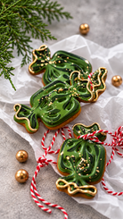 Green and gold sweet cookies with red and white twine, Prop Options x Ekat's Christmas cookie set